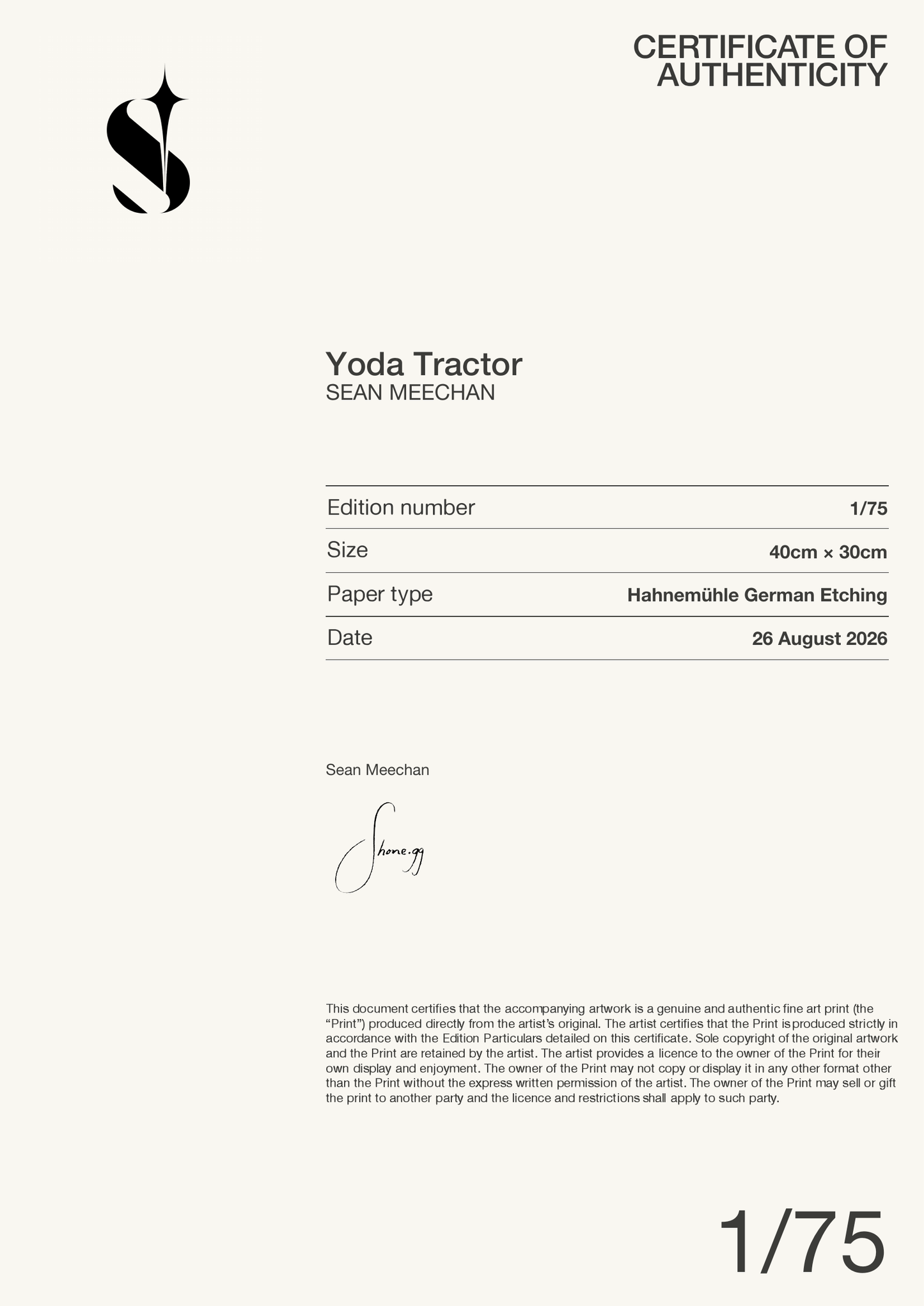 Yoda Tractor — Certificate of Authenticity