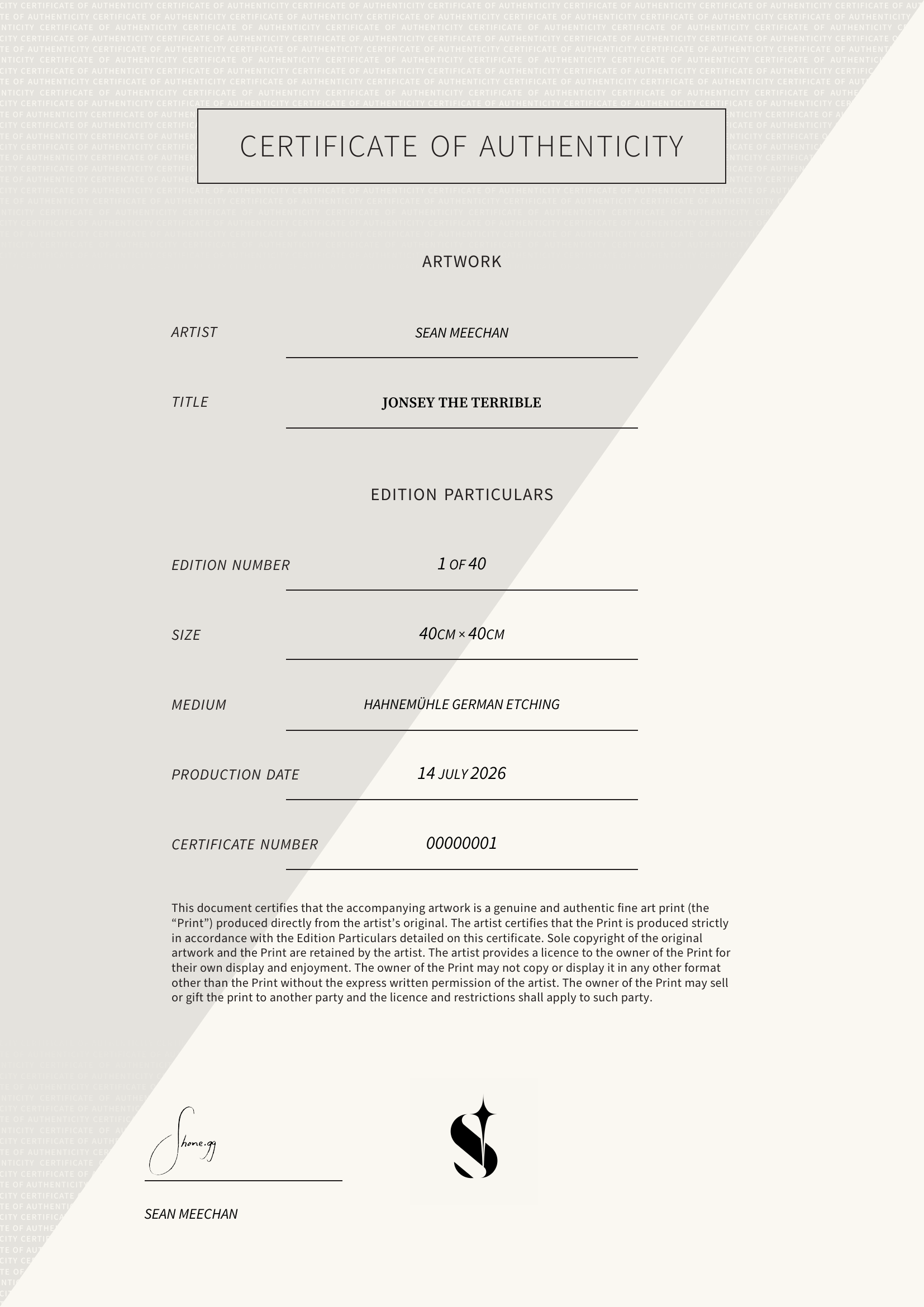 Jonsey the Terrible — Certificate of Authenticity