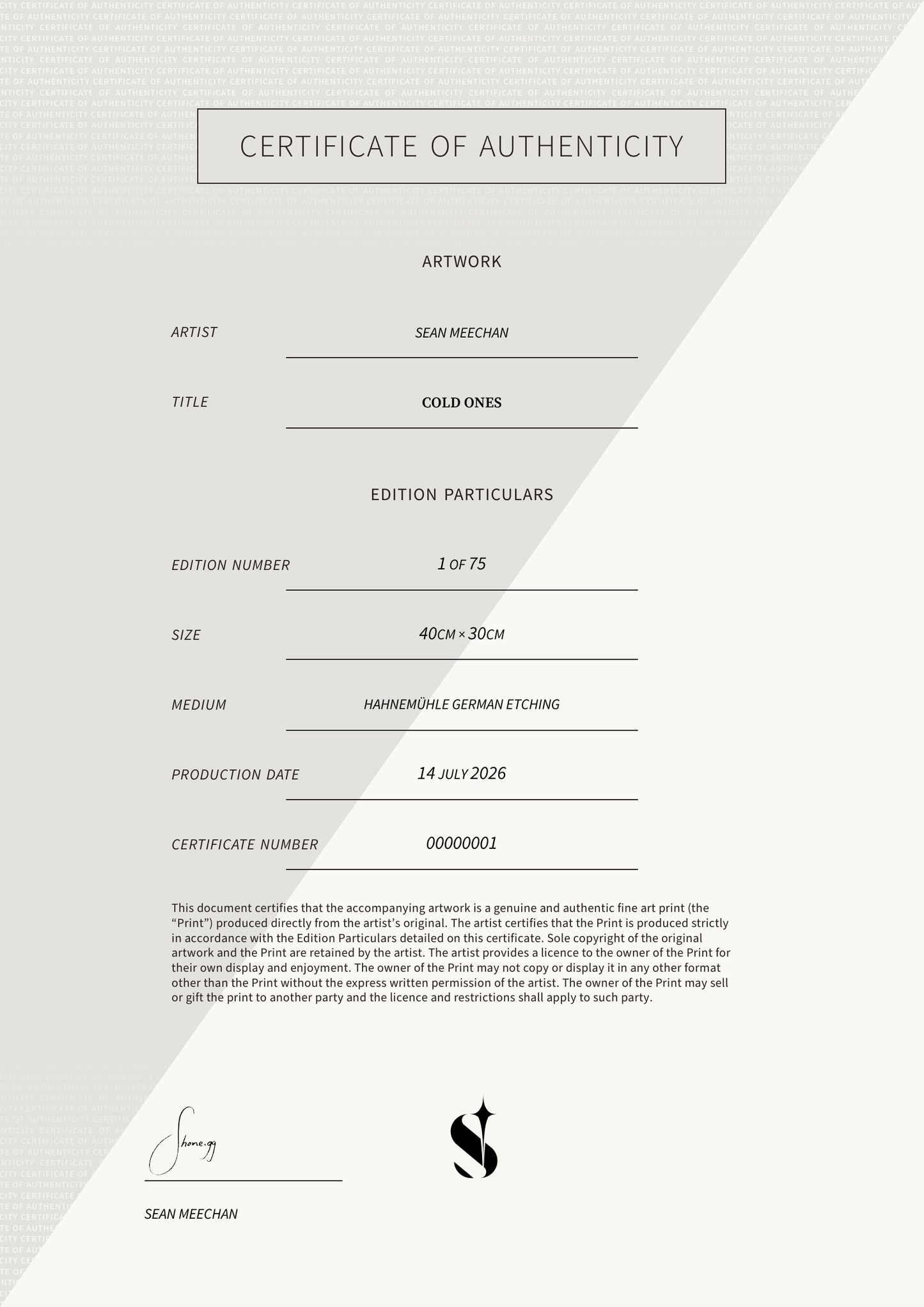 Cold Ones — Certificate of Authenticity
