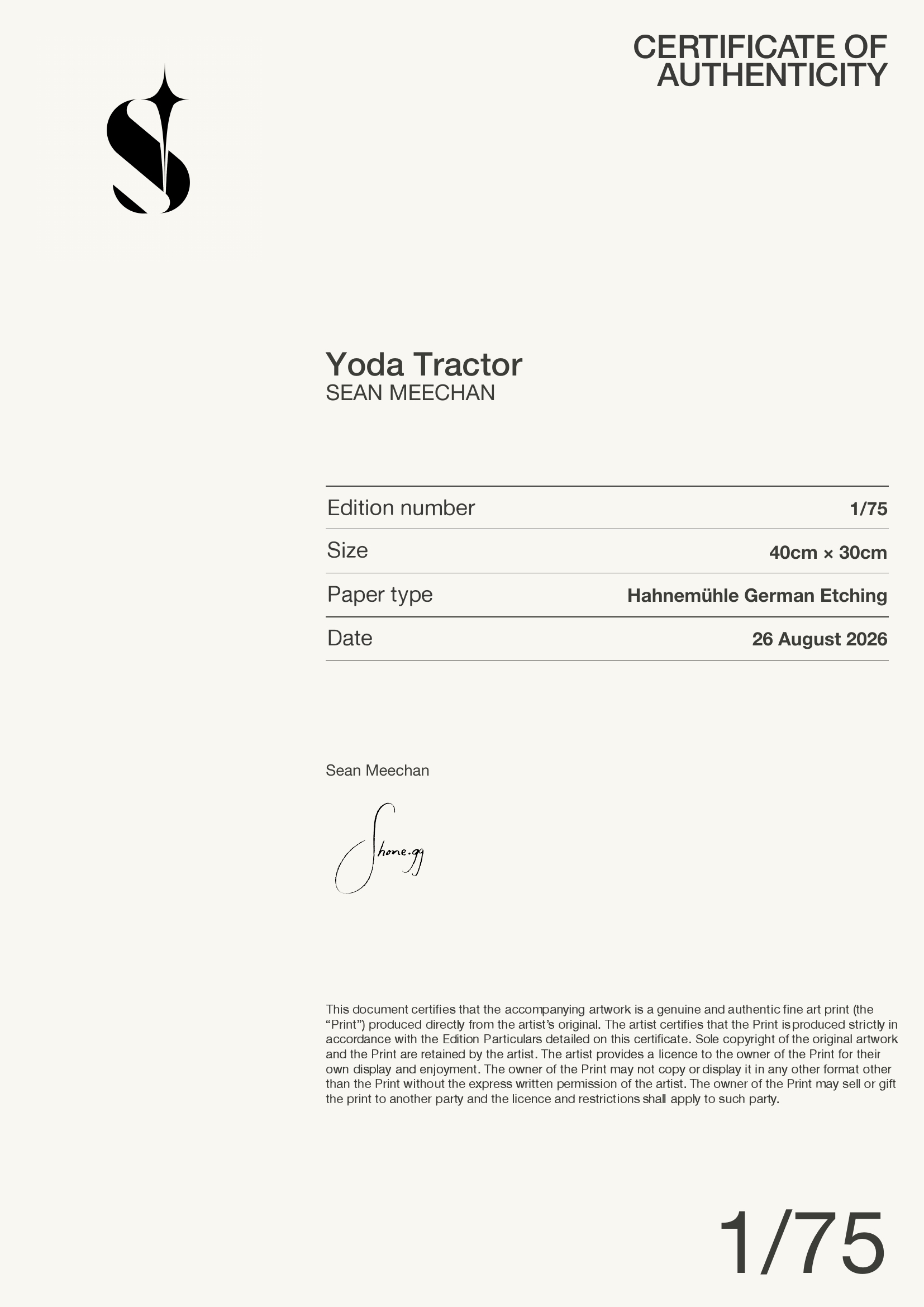 Yoda Tractor — Certificate of Authenticity