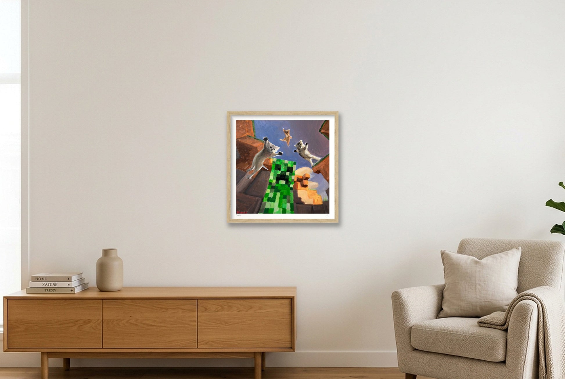 Cat Attack — 40×40cm, 16×16" Oak Frame