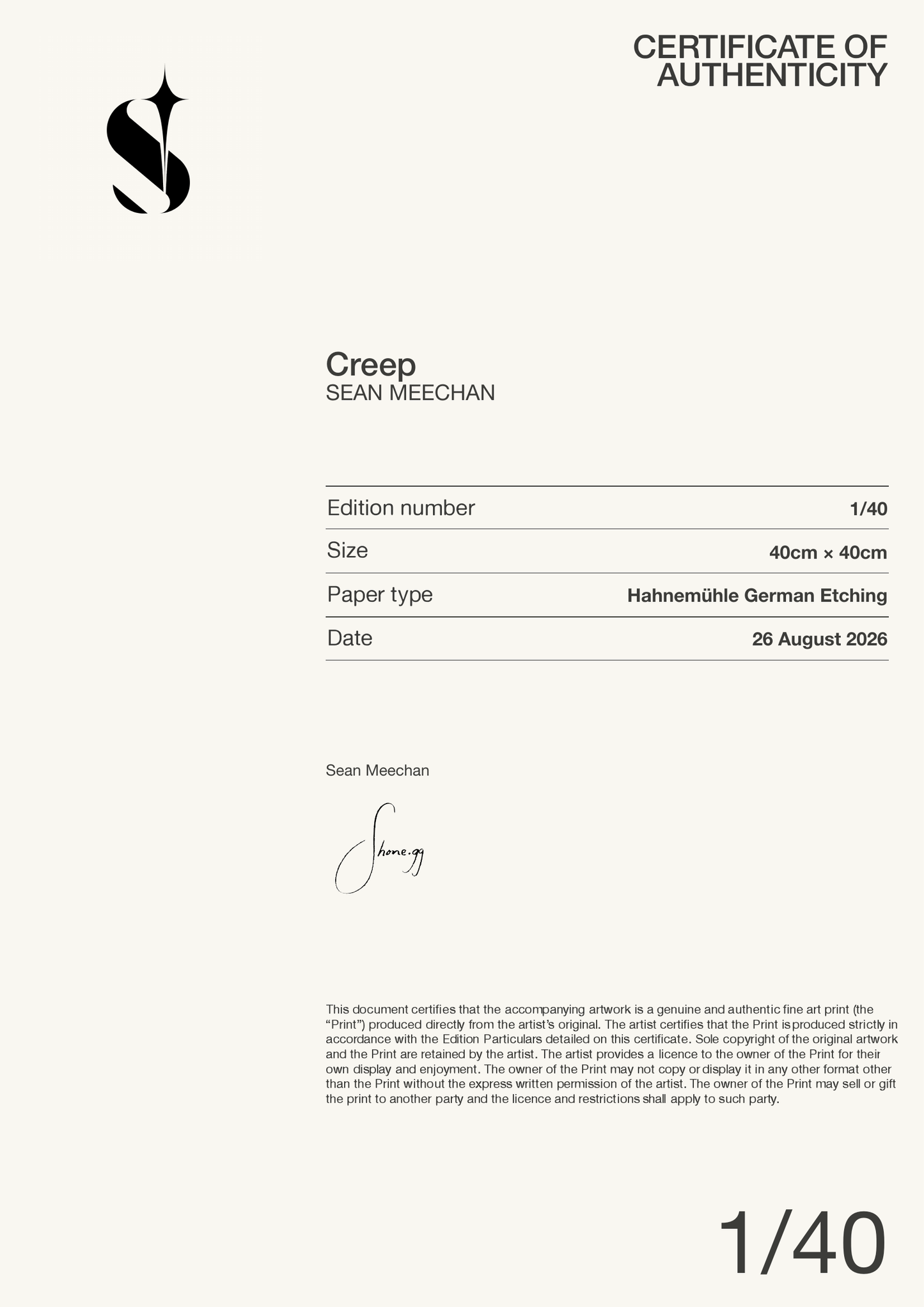 Creep — Certificate of Authenticity