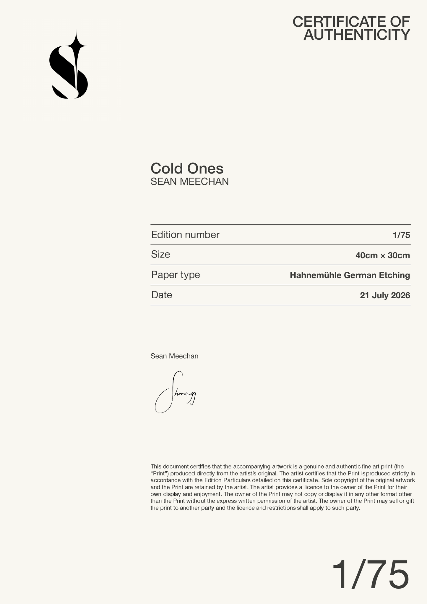 Cold Ones — Certificate of Authenticity