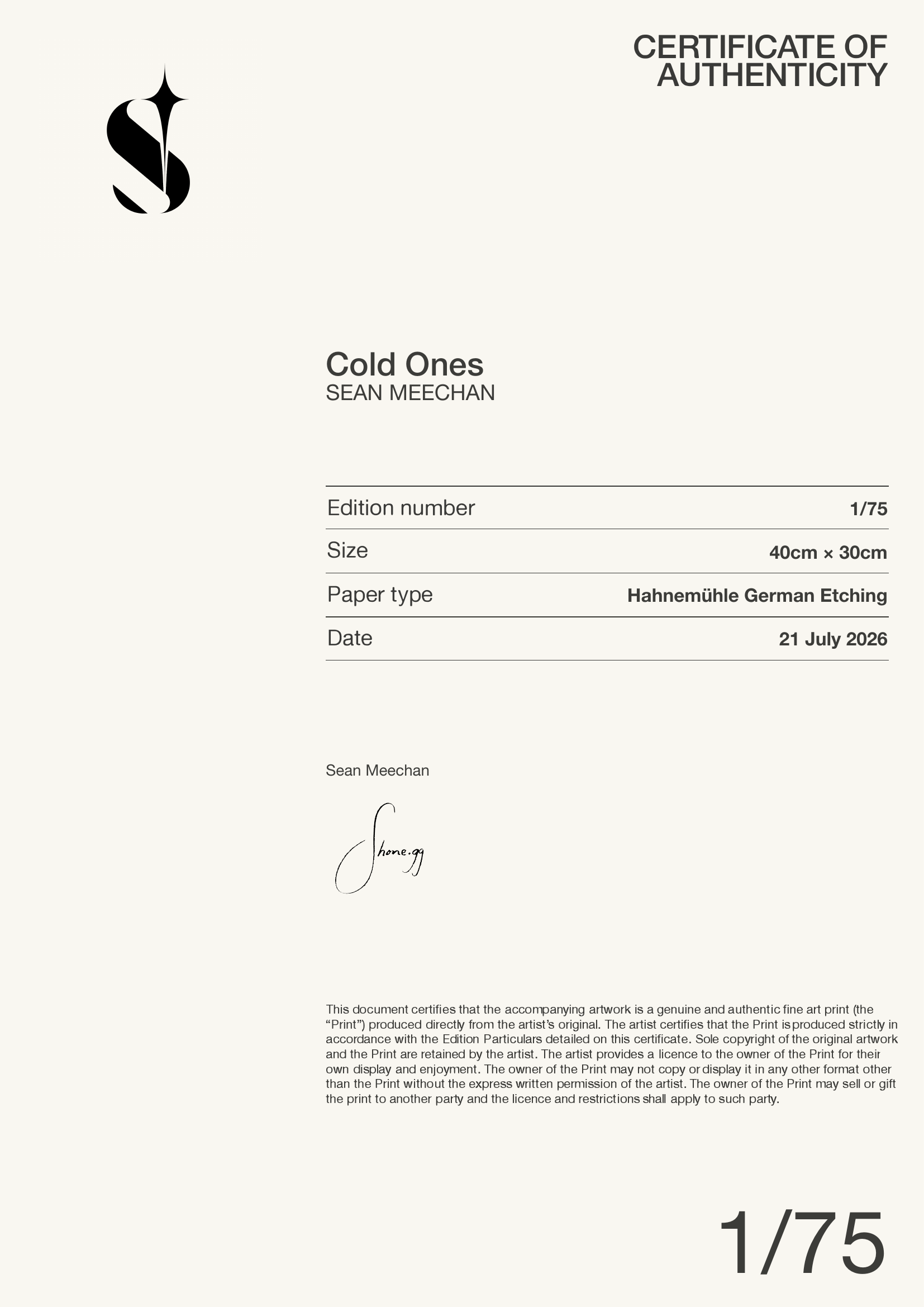 Cold Ones — Certificate of Authenticity