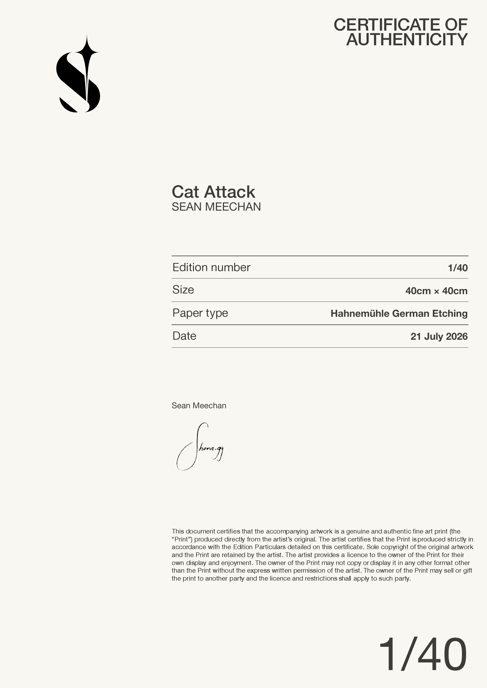 Cat Attack — Certificate of Authenticity
